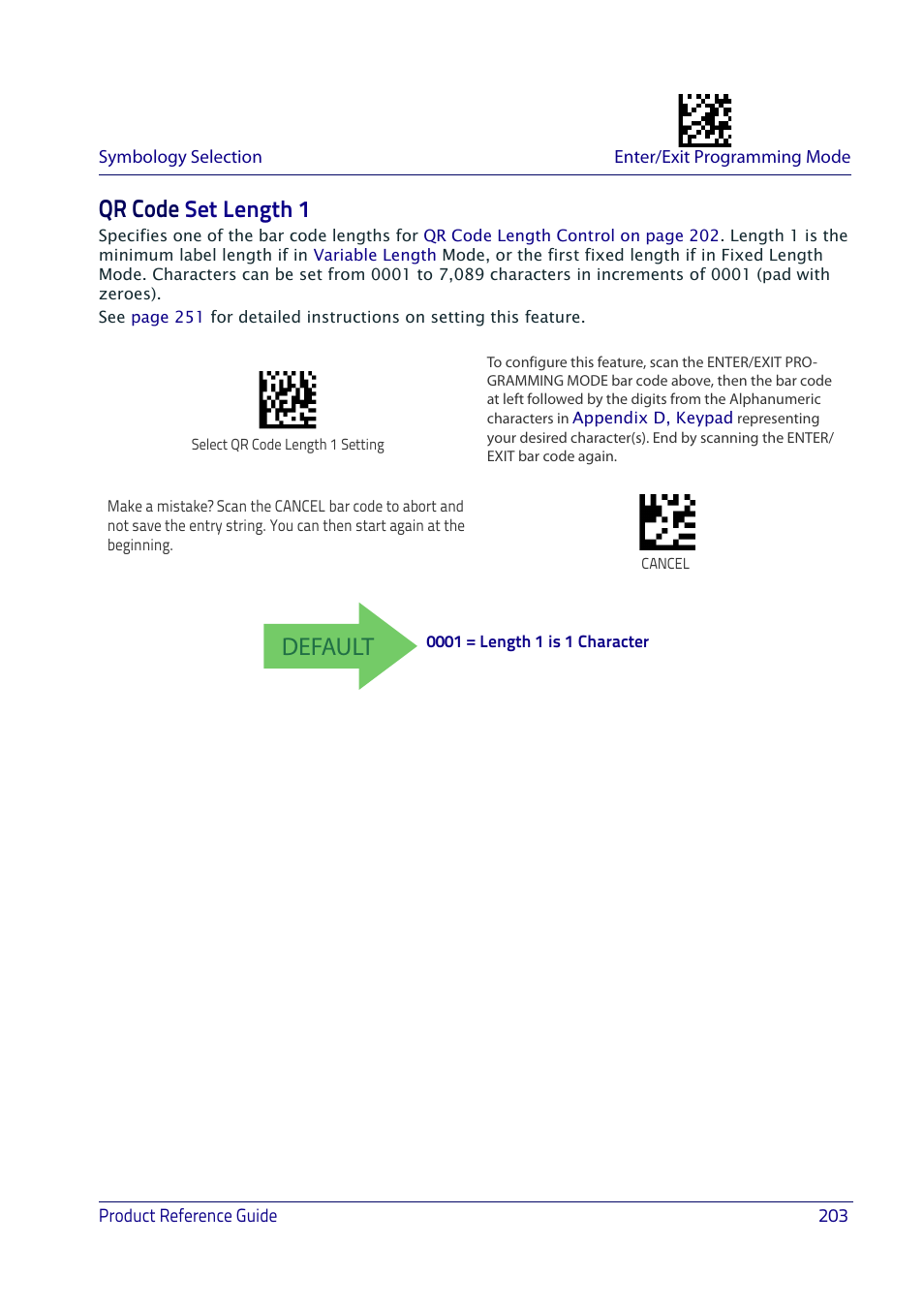 Qr code set length 1, Qr code, Default | Set length 1 | Datalogic QuickScan I QD2400 User Manual | Page 213 / 324