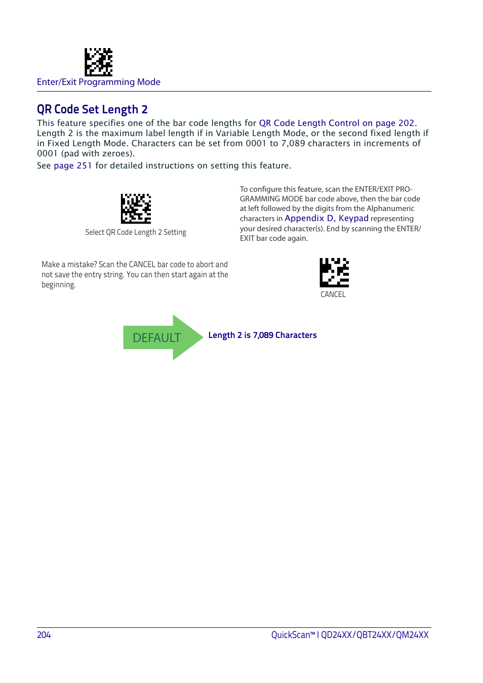 Qr code set length 2, Qr code, Default | Set length 2 | Datalogic QuickScan I QD2400 User Manual | Page 214 / 324