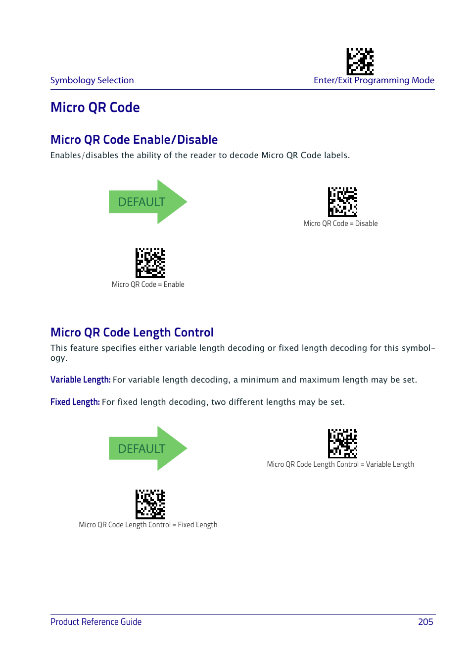 Micro qr code, Micro qr code enable/disable, Micro qr code length control | Default, Variable length, Fixed length | Datalogic QuickScan I QD2400 User Manual | Page 215 / 324