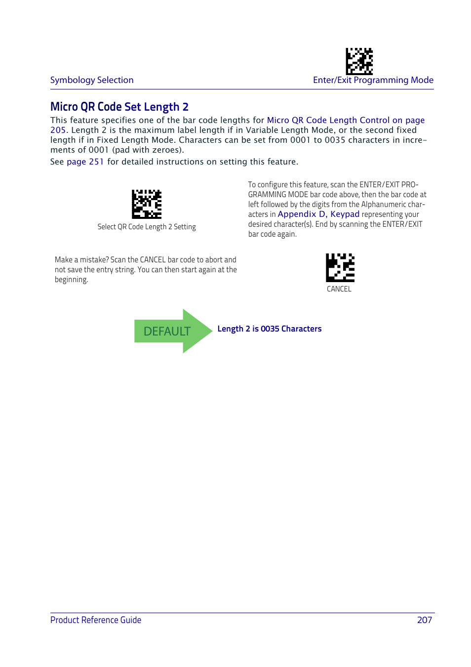 Micro qr code set length 2, Micro qr code, Default | Set length 2 | Datalogic QuickScan I QD2400 User Manual | Page 217 / 324