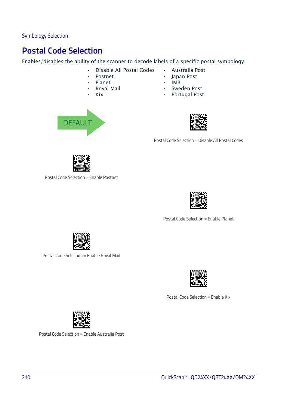 Postal code selection, Default | Datalogic QuickScan I QD2400 User Manual | Page 220 / 324