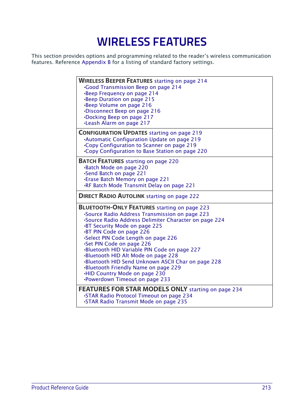 Wireless features, Features for star models only | Datalogic QuickScan I QD2400 User Manual | Page 223 / 324