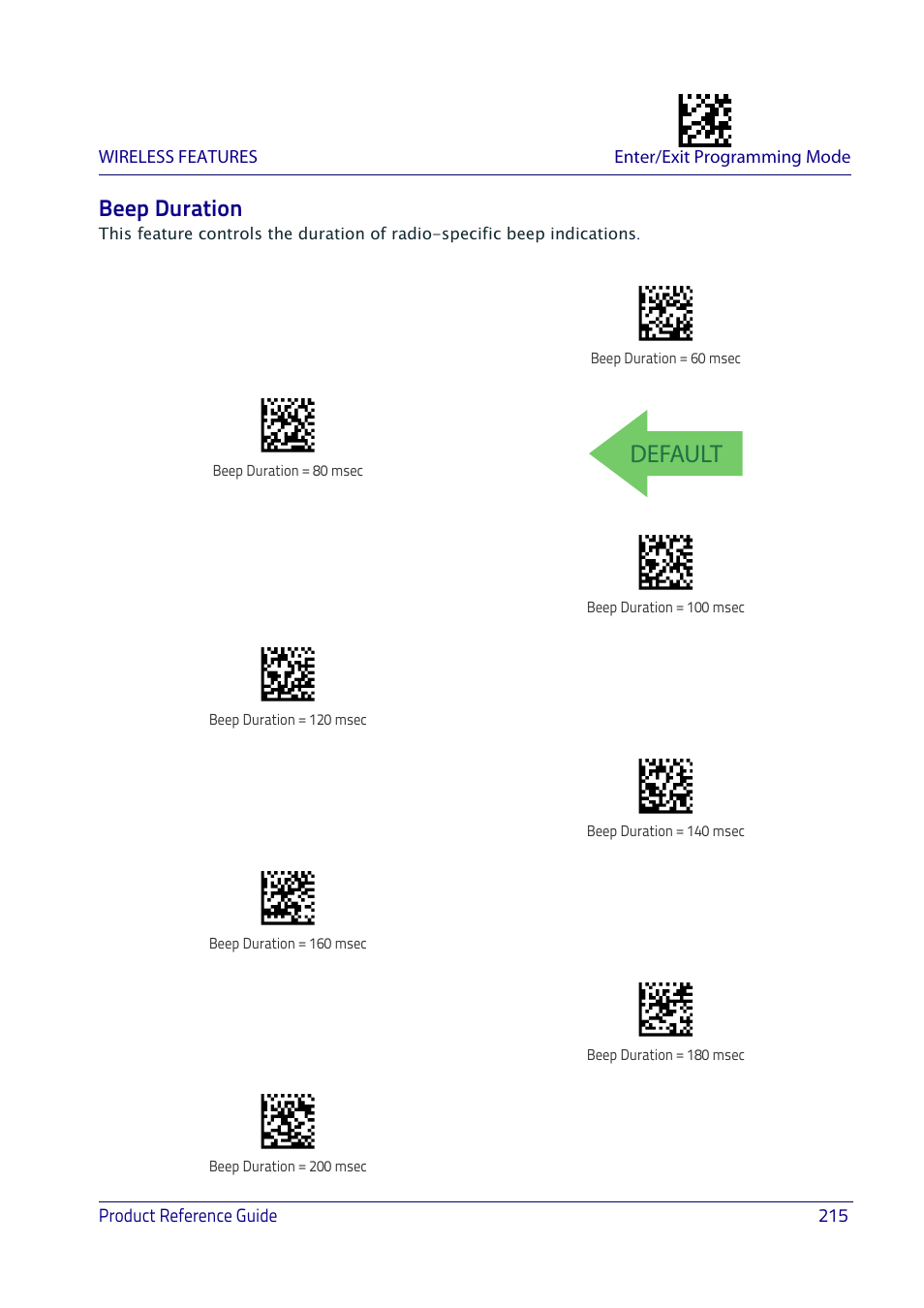 Beep duration, Default | Datalogic QuickScan I QD2400 User Manual | Page 225 / 324