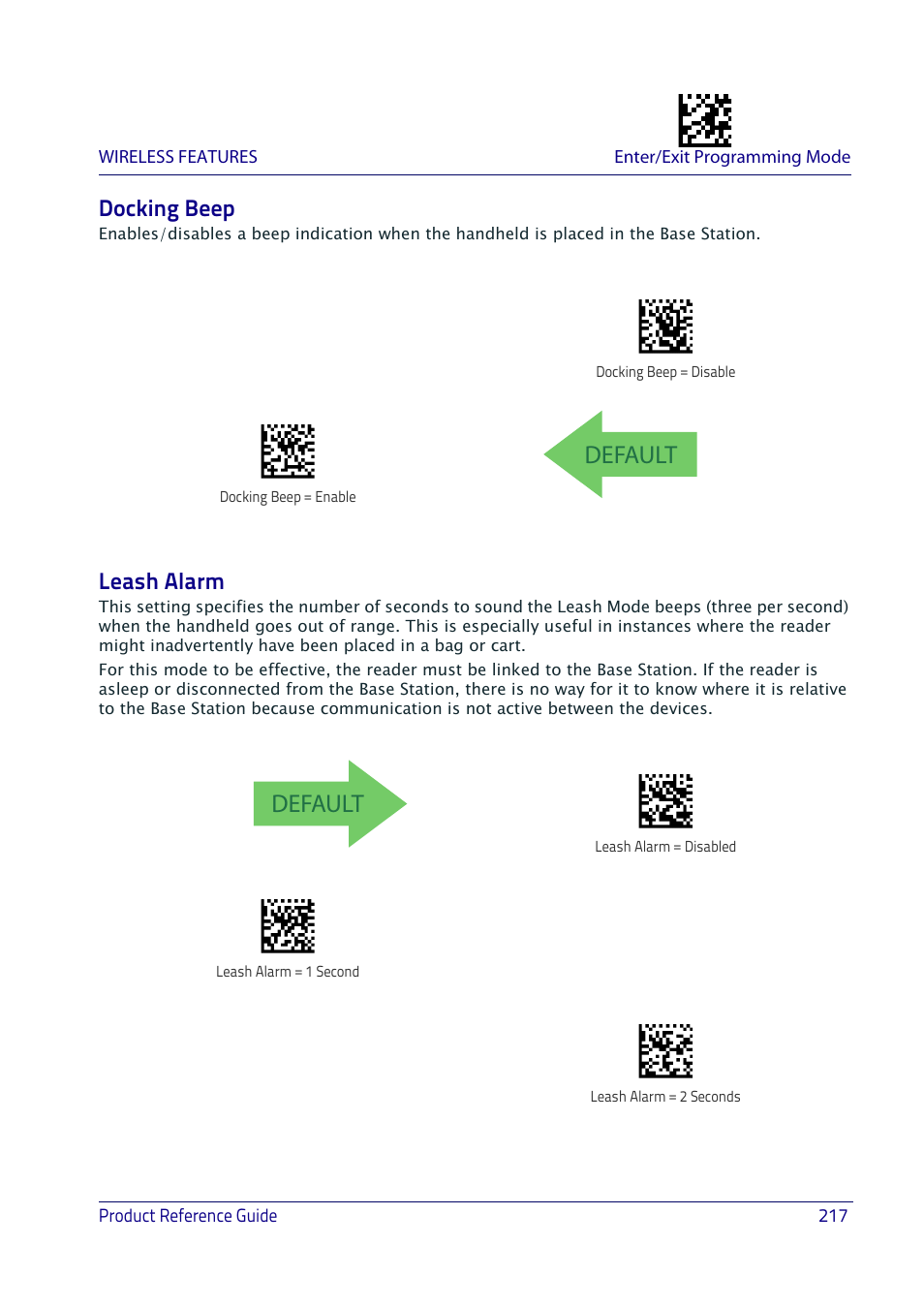 Docking beep, Leash alarm, Docking beep leash alarm | Default | Datalogic QuickScan I QD2400 User Manual | Page 227 / 324