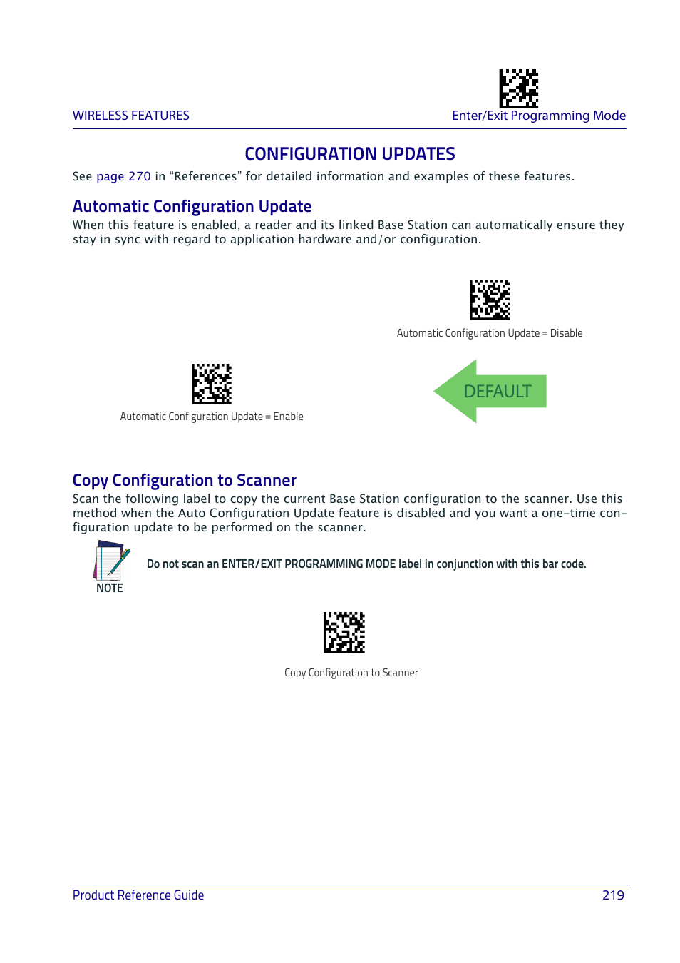 Configuration updates, Automatic configuration update, Copy configuration to scanner | Onfiguration, Pdates, Default | Datalogic QuickScan I QD2400 User Manual | Page 229 / 324