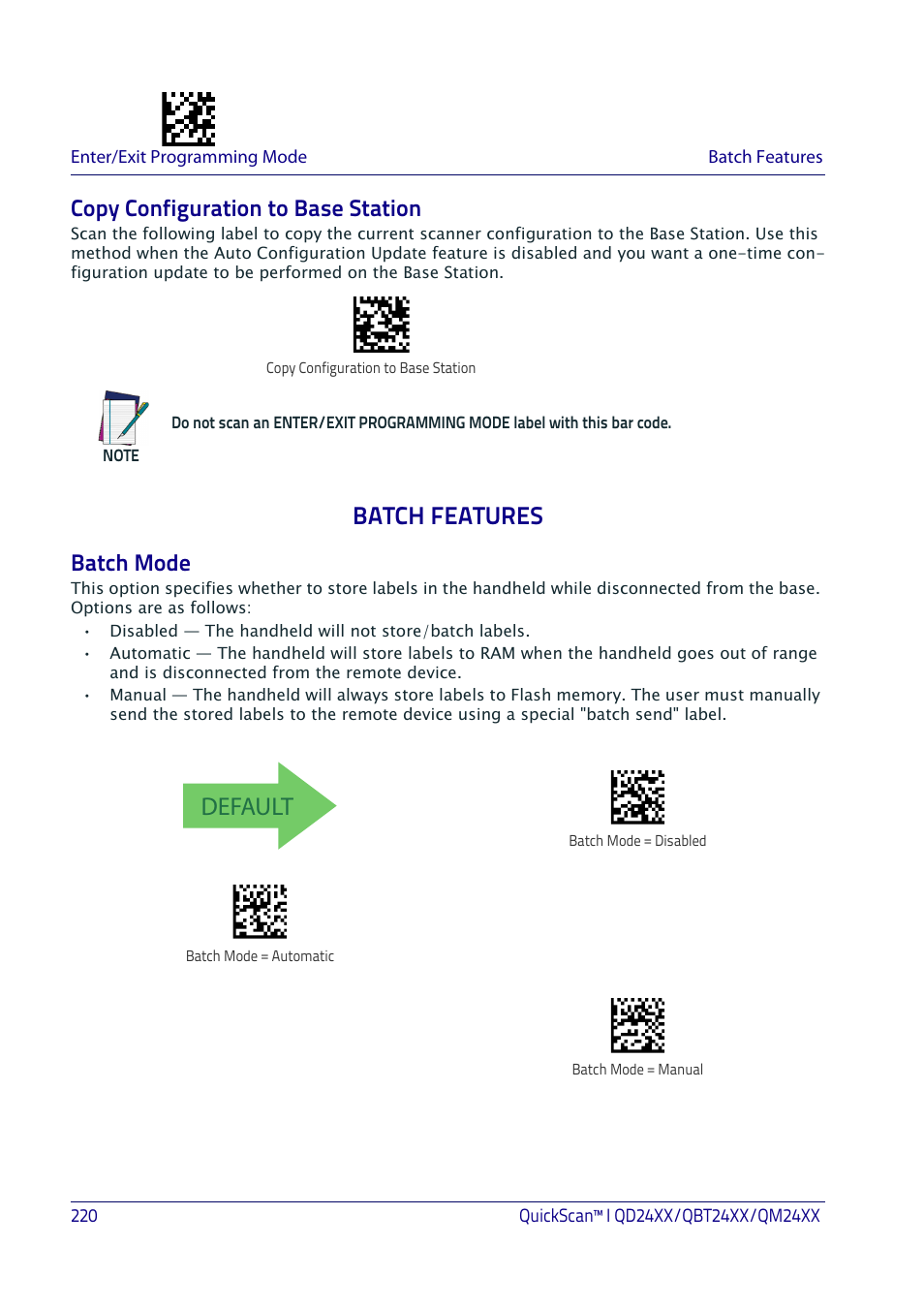 Copy configuration to base station, Batch features, Batch mode | Atch, Eatures, Default | Datalogic QuickScan I QD2400 User Manual | Page 230 / 324