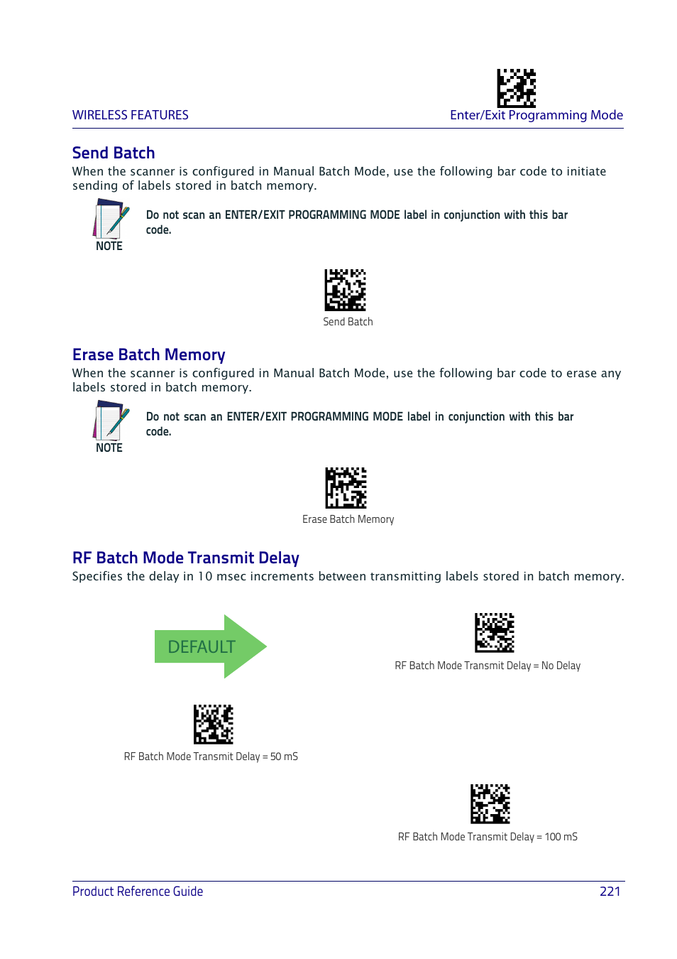 Send batch, Erase batch memory, Rf batch mode transmit delay | Default | Datalogic QuickScan I QD2400 User Manual | Page 231 / 324