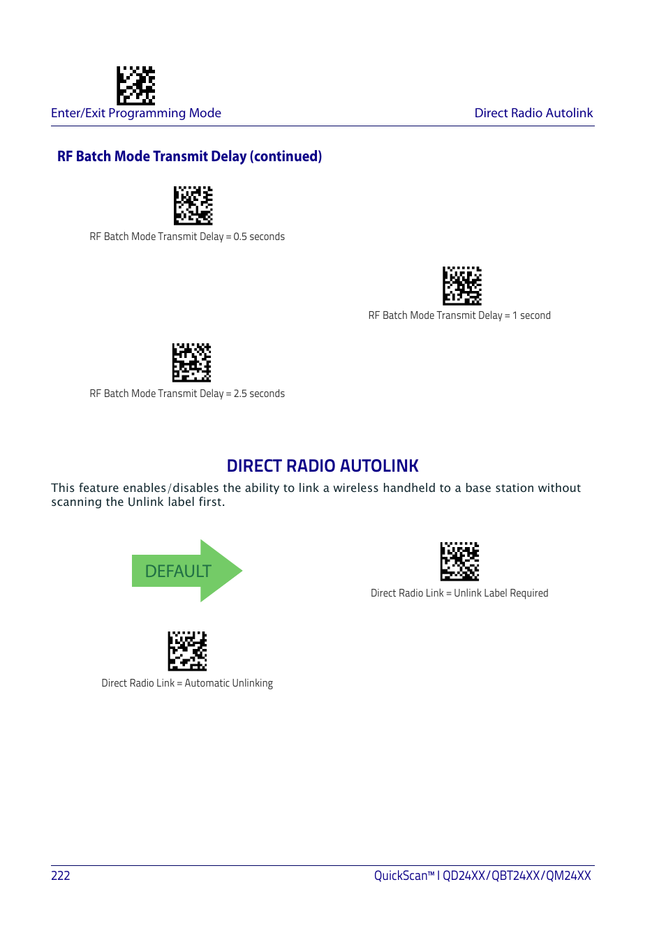 Direct radio autolink, Irect, Adio | Utolink, Default, Rf batch mode transmit delay (continued) | Datalogic QuickScan I QD2400 User Manual | Page 232 / 324