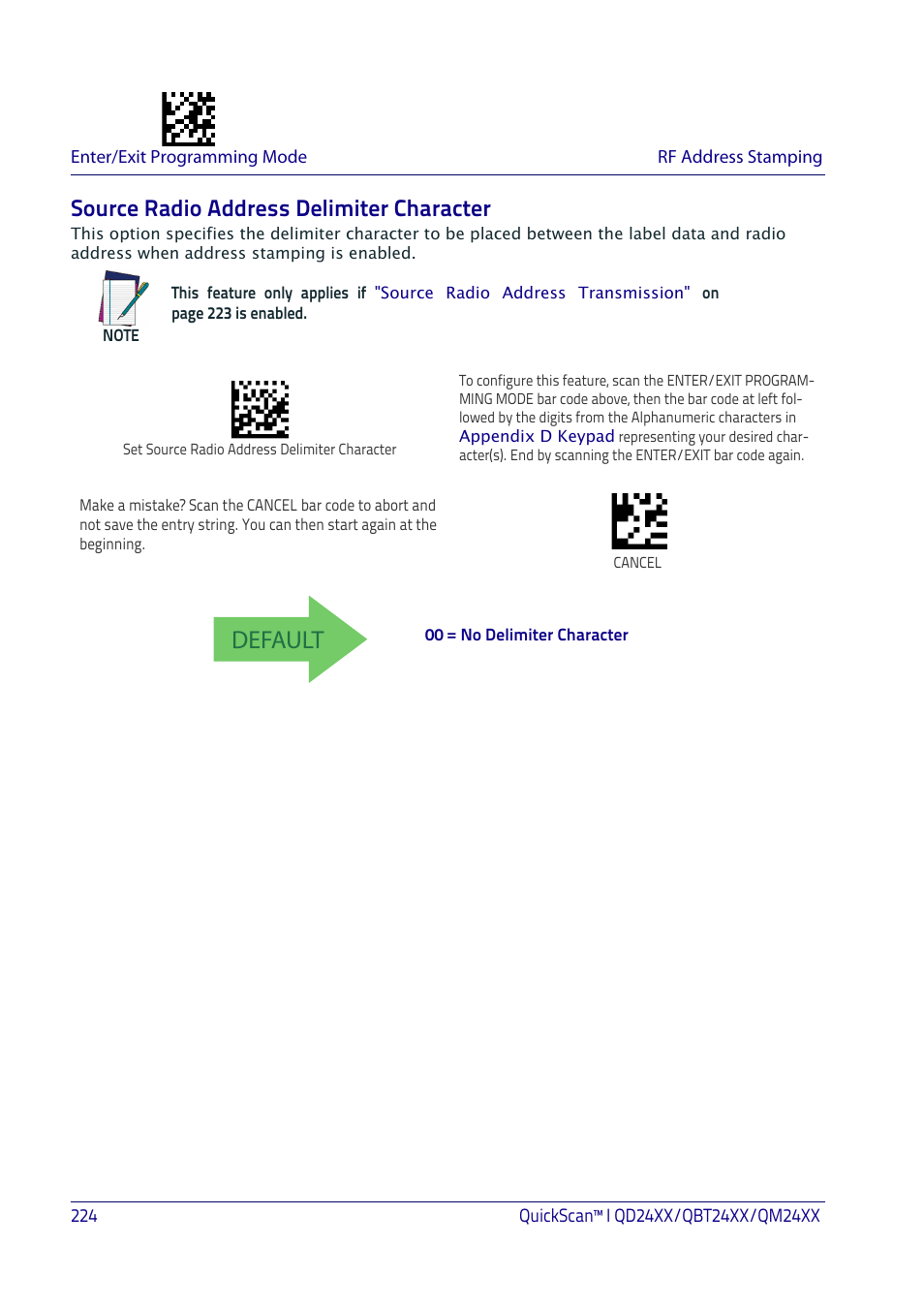 Source radio address delimiter character, Default | Datalogic QuickScan I QD2400 User Manual | Page 234 / 324