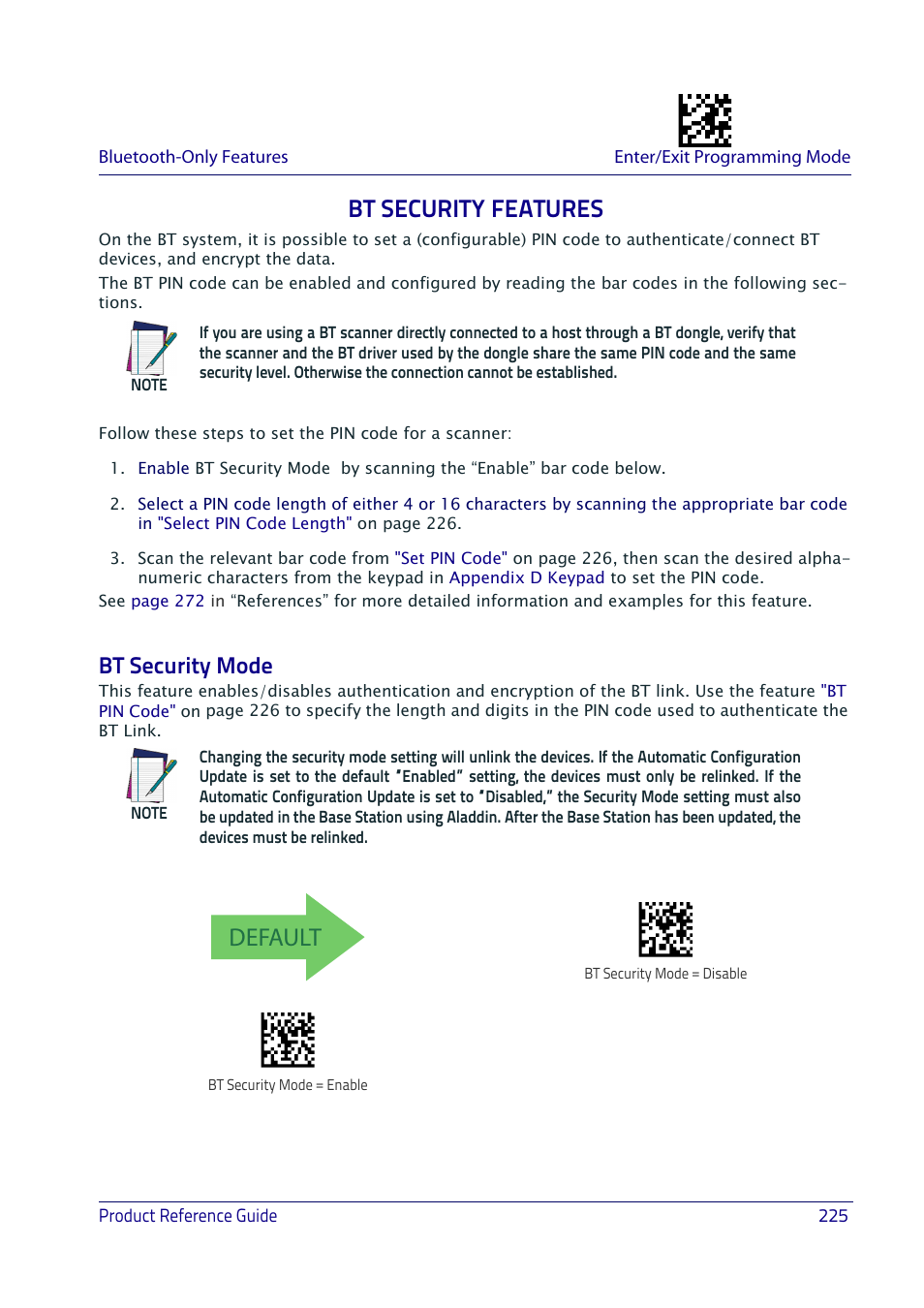 Bt security features, Bt security mode, Default | Datalogic QuickScan I QD2400 User Manual | Page 235 / 324