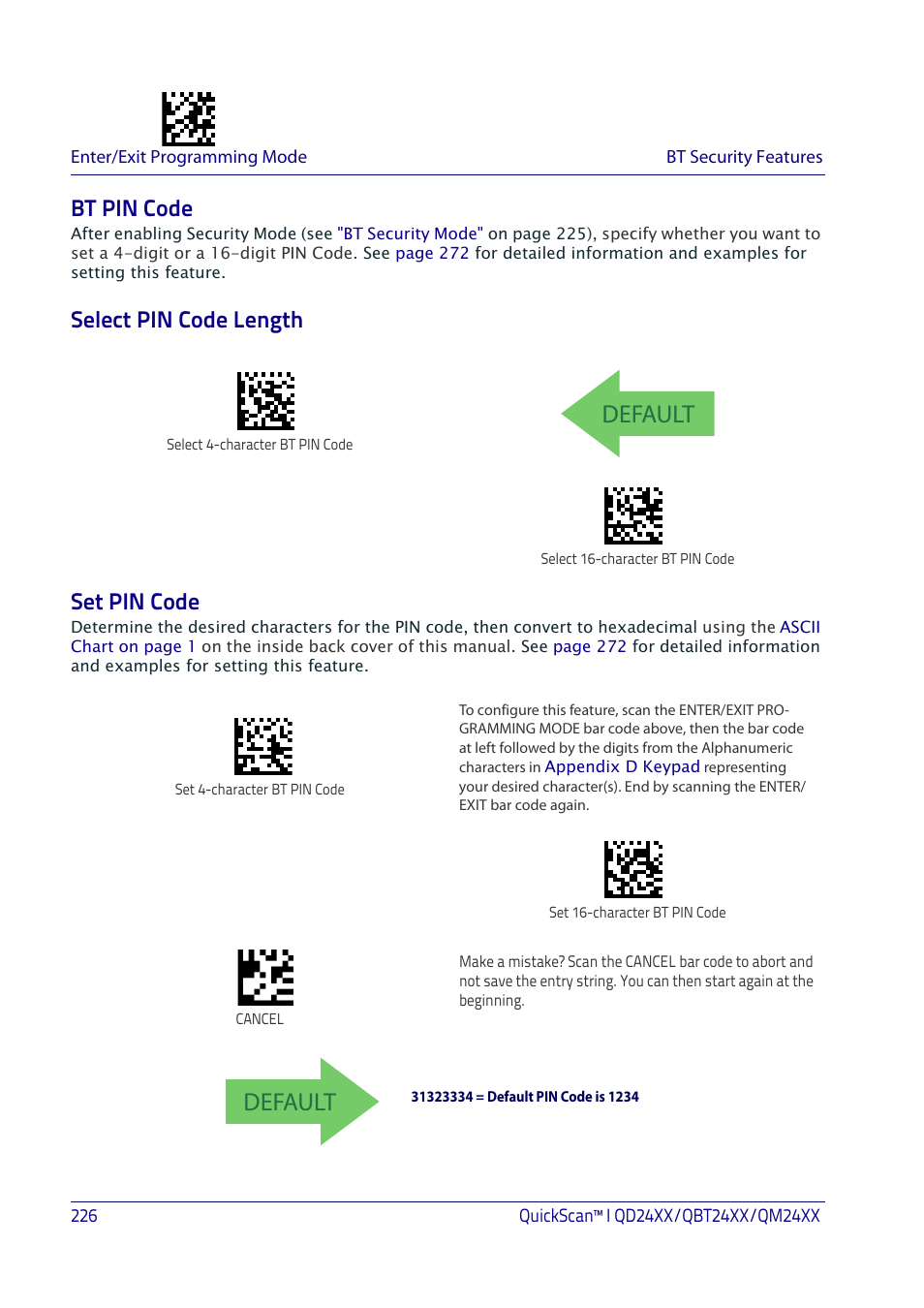 Bt pin code, Select pin code length, Set pin code | Bt pin code select pin code length set pin code, Pin code, Default, Select pin code length set pin code | Datalogic QuickScan I QD2400 User Manual | Page 236 / 324