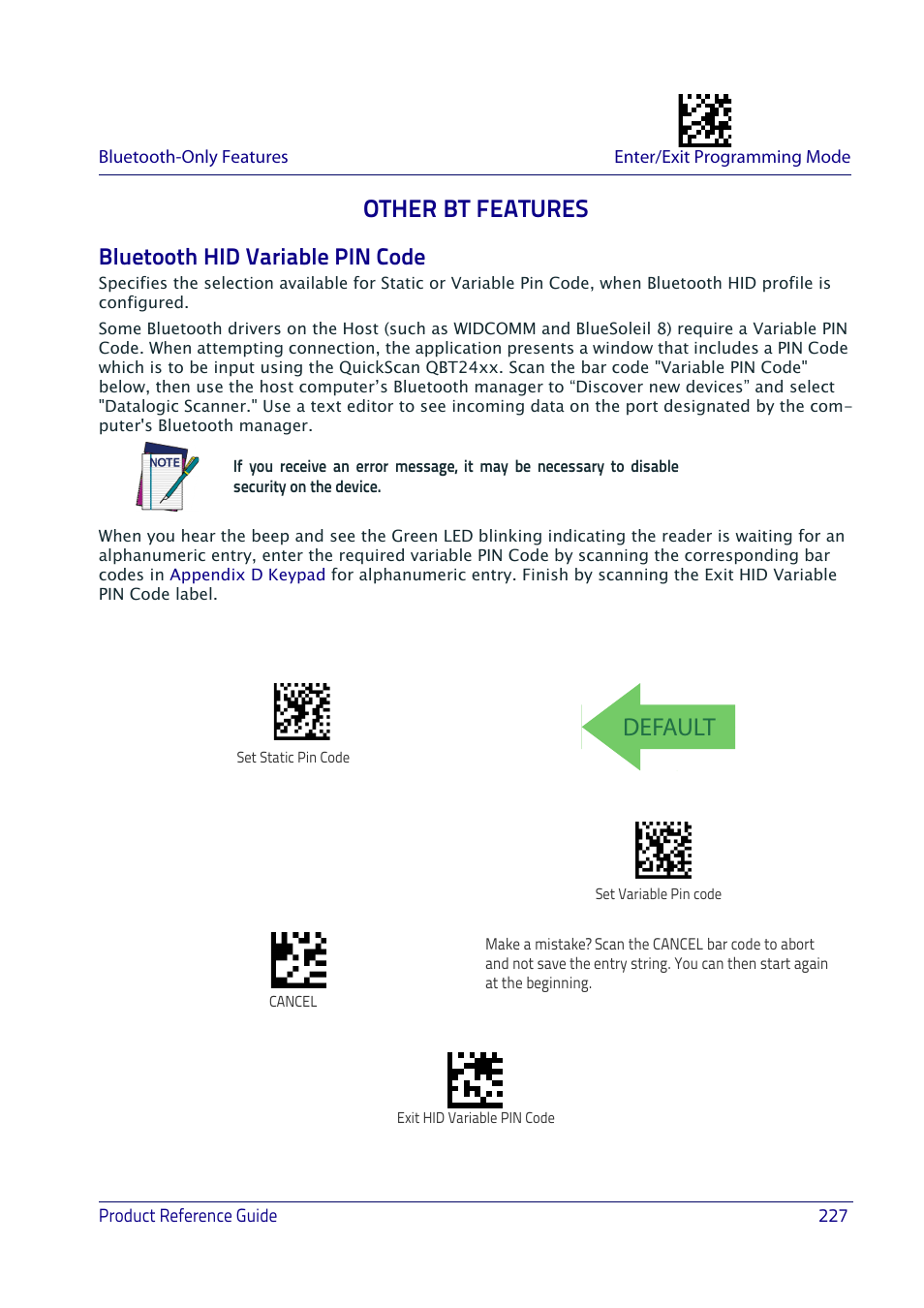 Other bt features, Bluetooth hid variable pin code, Default | Datalogic QuickScan I QD2400 User Manual | Page 237 / 324