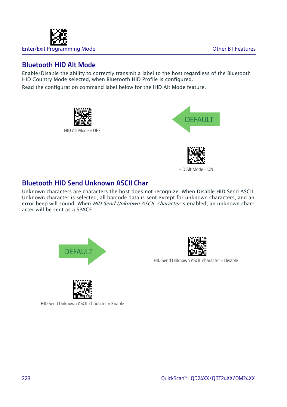 Bluetooth hid alt mode, Bluetooth hid send unknown ascii char, Default | Datalogic QuickScan I QD2400 User Manual | Page 238 / 324