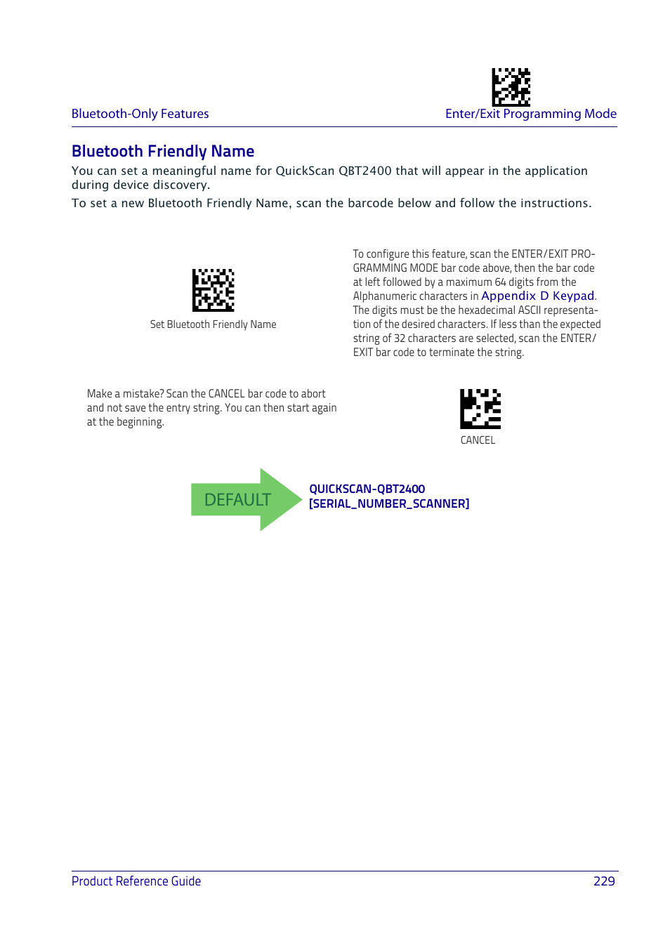 Bluetooth friendly name, Default | Datalogic QuickScan I QD2400 User Manual | Page 239 / 324