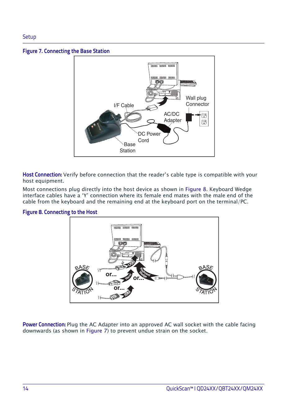 Host connection, Figure 8. connecting to the host, Or... power connection | Datalogic QuickScan I QD2400 User Manual | Page 24 / 324