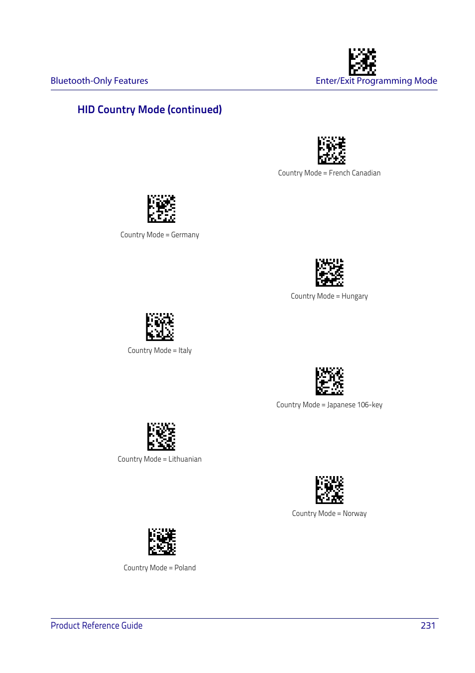 Hid country mode (continued) | Datalogic QuickScan I QD2400 User Manual | Page 241 / 324