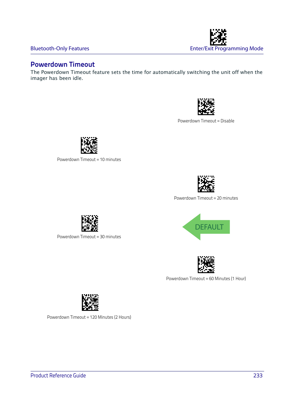 Powerdown timeout, Default | Datalogic QuickScan I QD2400 User Manual | Page 243 / 324