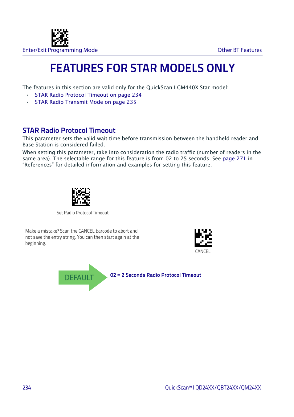 Features for star models only, Star radio protocol timeout, Default | Datalogic QuickScan I QD2400 User Manual | Page 244 / 324