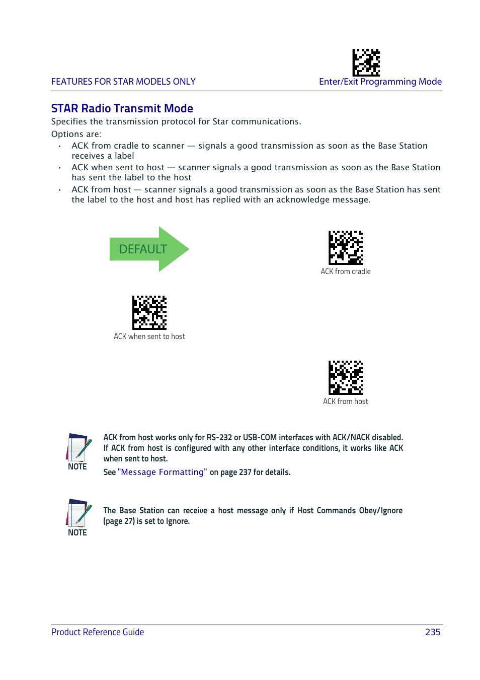 Star radio transmit mode, Default | Datalogic QuickScan I QD2400 User Manual | Page 245 / 324