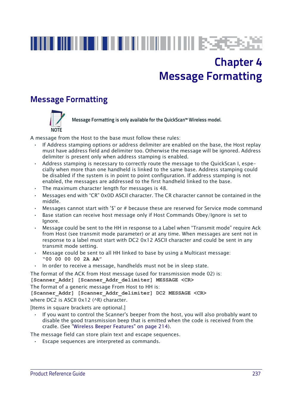 Message formatting, Chapter 4, message formatting, Chapter 4 message formatting | Datalogic QuickScan I QD2400 User Manual | Page 247 / 324