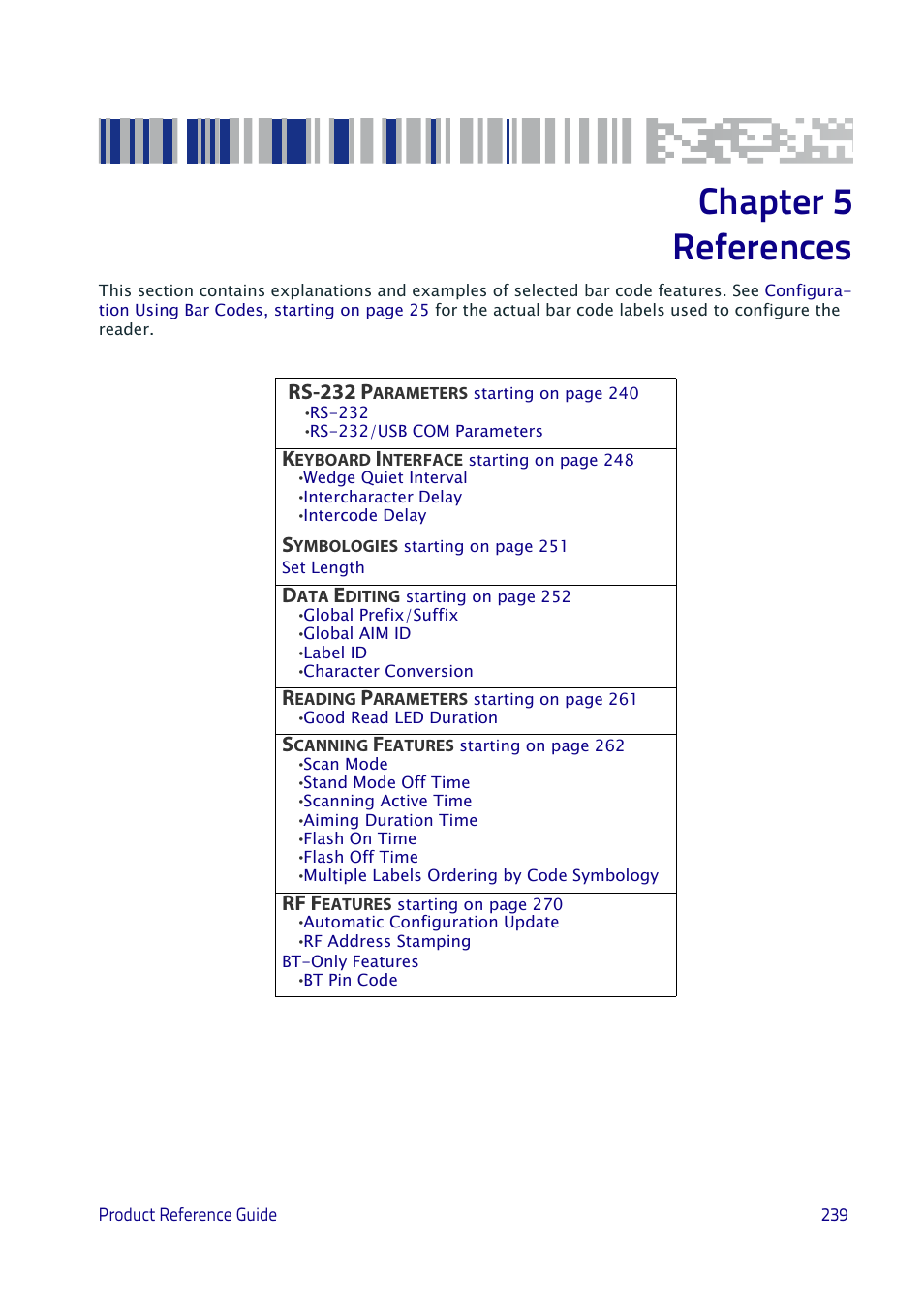 References, Chapter 5, references, Chapter 5 references | Rs-232 p, Rf f | Datalogic QuickScan I QD2400 User Manual | Page 249 / 324