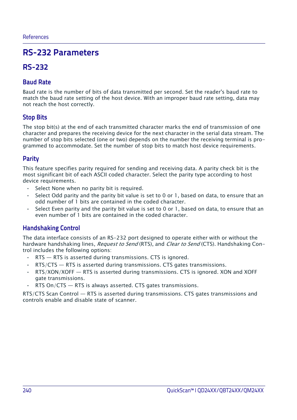 Rs-232 parameters, Rs-232, Rs-232 p | Arameters, Baud rate, Stop bits, Parity, Handshaking control | Datalogic QuickScan I QD2400 User Manual | Page 250 / 324