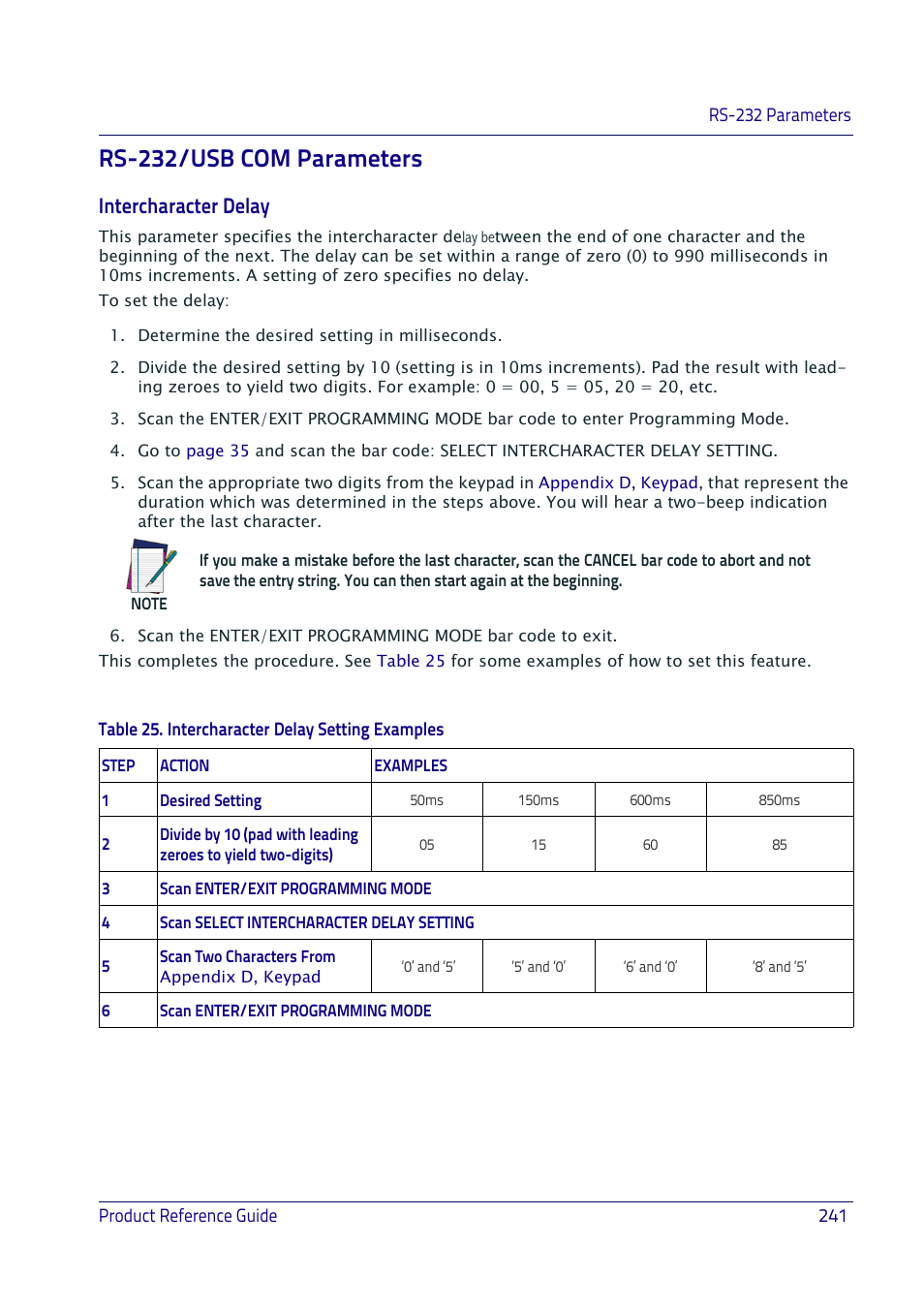 Rs-232/usb com parameters, Intercharacter delay | Datalogic QuickScan I QD2400 User Manual | Page 251 / 324