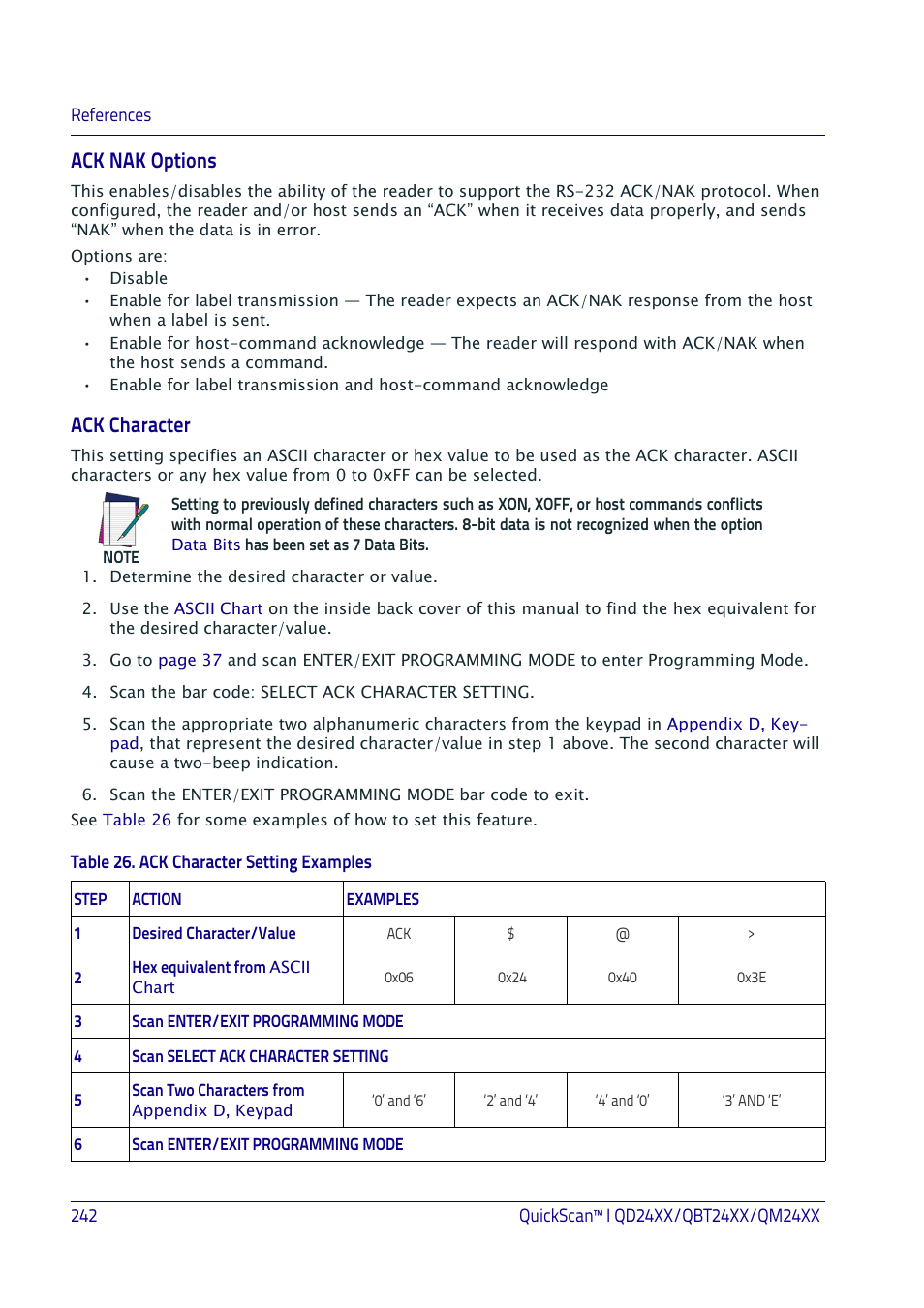 Ed. see, Ack nak options, Ack character | Datalogic QuickScan I QD2400 User Manual | Page 252 / 324
