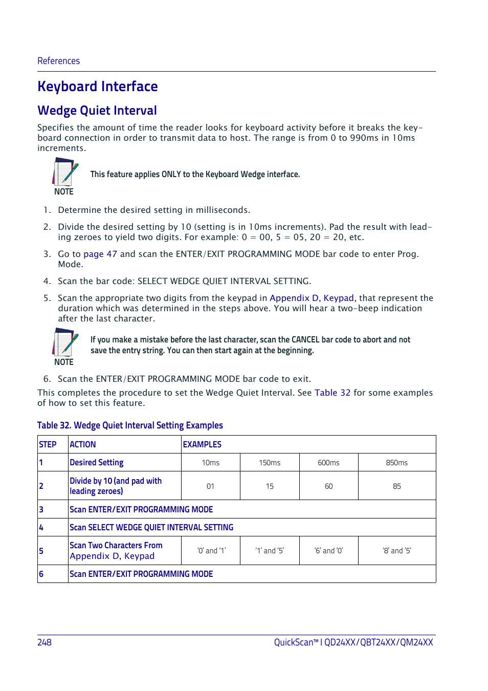Keyboard interface, Wedge quiet interval, Eyboard | Nterface, Good, Scan mode | Datalogic QuickScan I QD2400 User Manual | Page 258 / 324