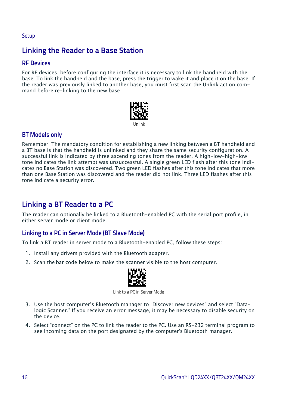 Linking the reader to a base station, Linking a bt reader to a pc, Rf devices | Bt models only, Linking to a pc in server mode (bt slave mode) | Datalogic QuickScan I QD2400 User Manual | Page 26 / 324