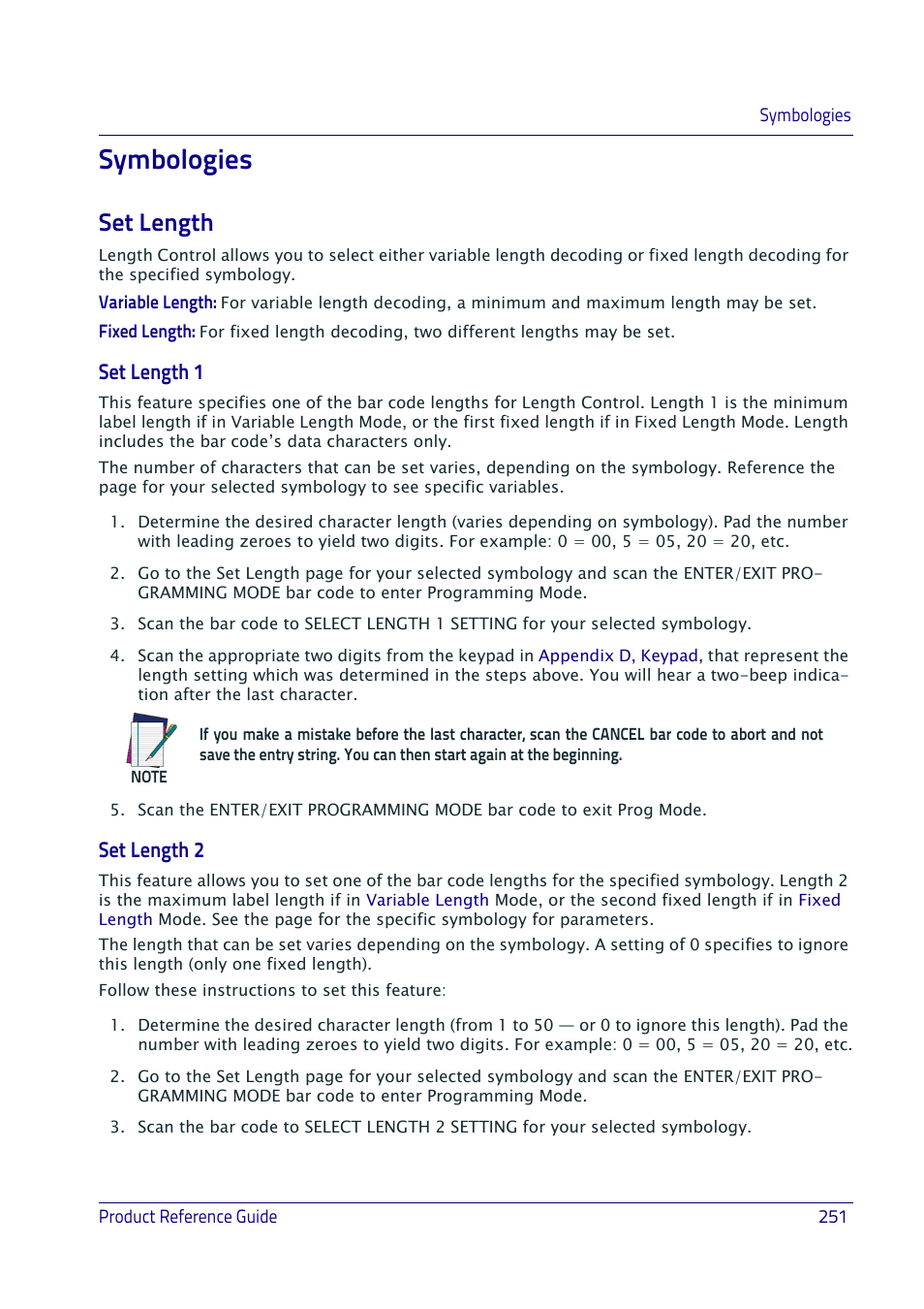 Symbologies, Set length, Mode. l | Ngth if in, Variable length on, Variable length, Th if in, Mode. leng, Mode, or, Ymbologies | Datalogic QuickScan I QD2400 User Manual | Page 261 / 324