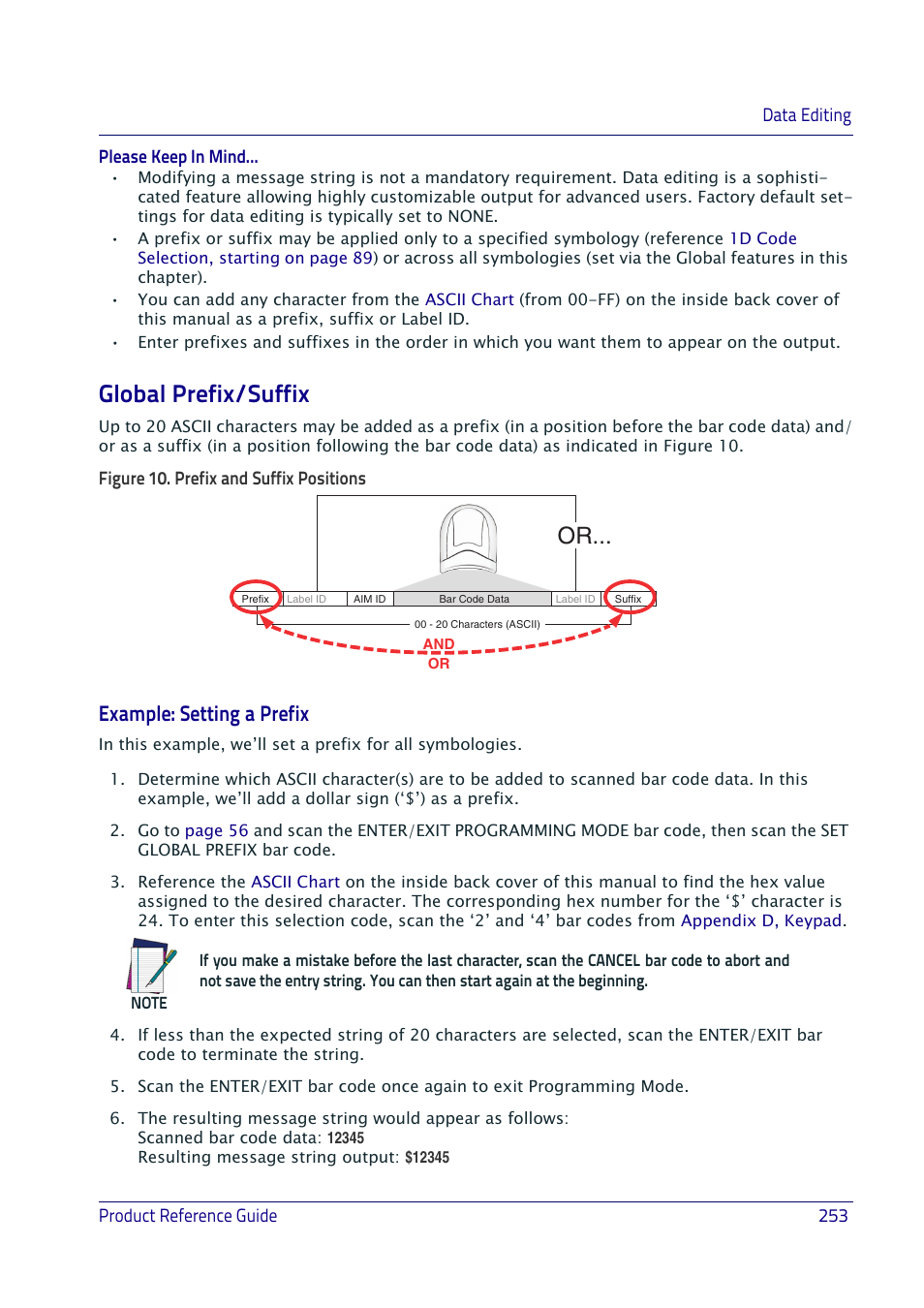 Global prefix/suffix, Obal prefix/suffix, Example: setting a prefix | Datalogic QuickScan I QD2400 User Manual | Page 263 / 324