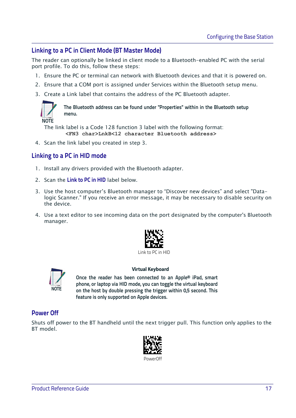 Linking to a pc in client mode (bt master mode), Linking to a pc in hid mode, Power off | Link to pc in hid | Datalogic QuickScan I QD2400 User Manual | Page 27 / 324