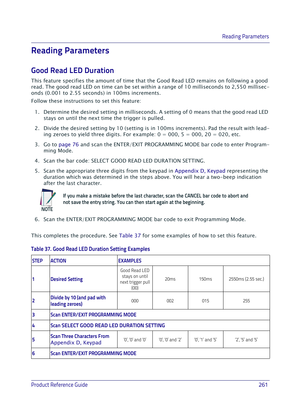 Reading parameters, Good read led duration, Eading | Arameters, Read | Datalogic QuickScan I QD2400 User Manual | Page 271 / 324