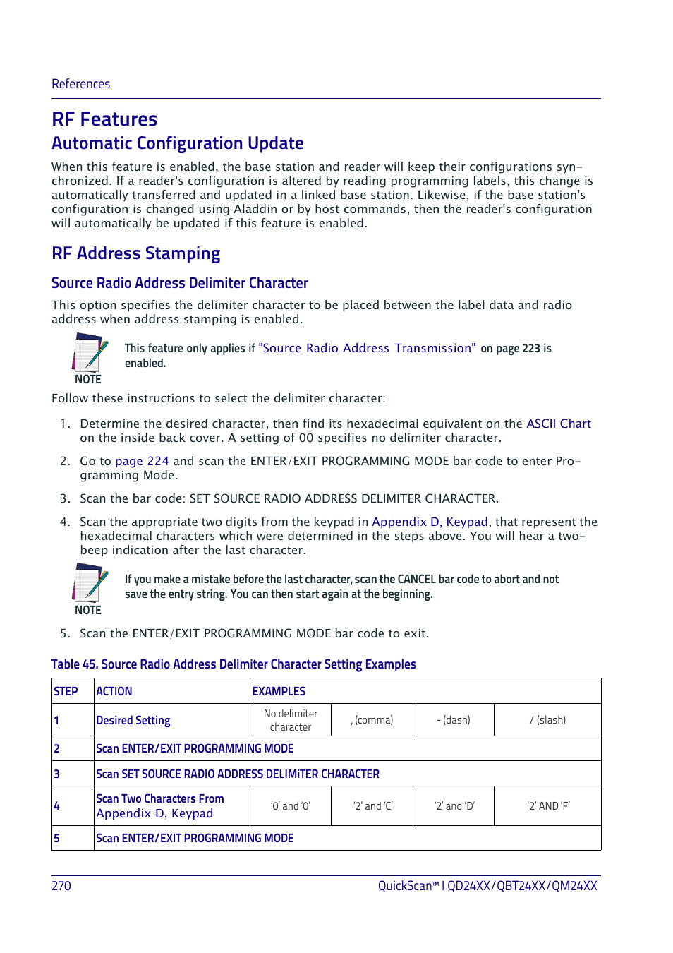 Rf features, Automatic configuration update, Rf address stamping | Automatic configuration update rf address stamping, Rf f, Eatures, Tomatic configuration update, Source radio address delimiter character | Datalogic QuickScan I QD2400 User Manual | Page 280 / 324