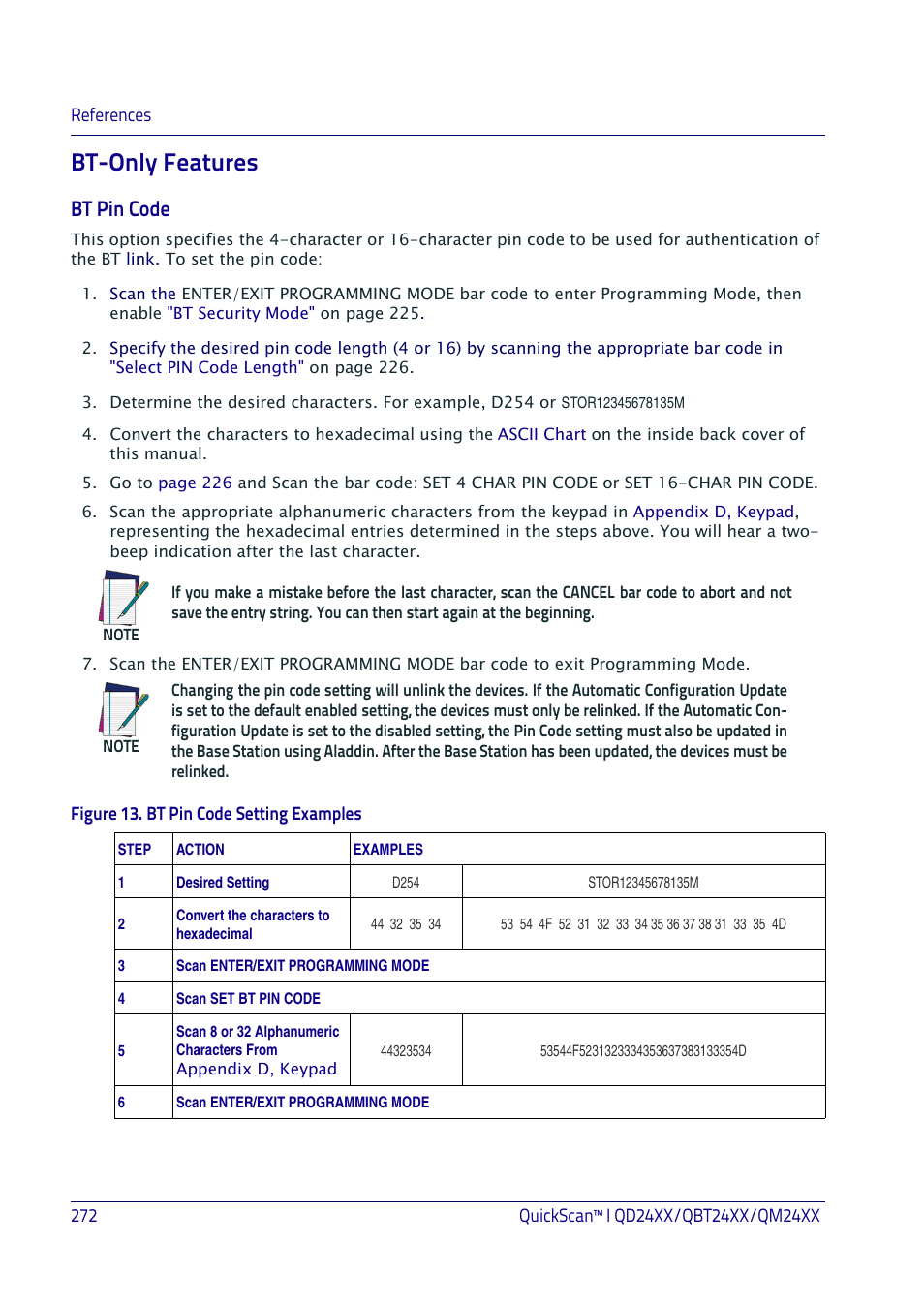 Bt-only features, Bt pin code | Datalogic QuickScan I QD2400 User Manual | Page 282 / 324