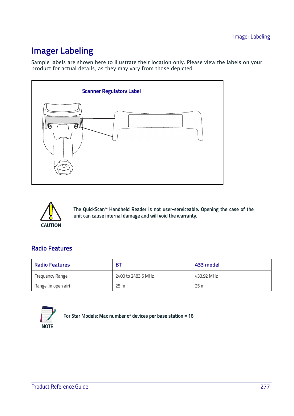 Imager labeling, Radio features | Datalogic QuickScan I QD2400 User Manual | Page 287 / 324