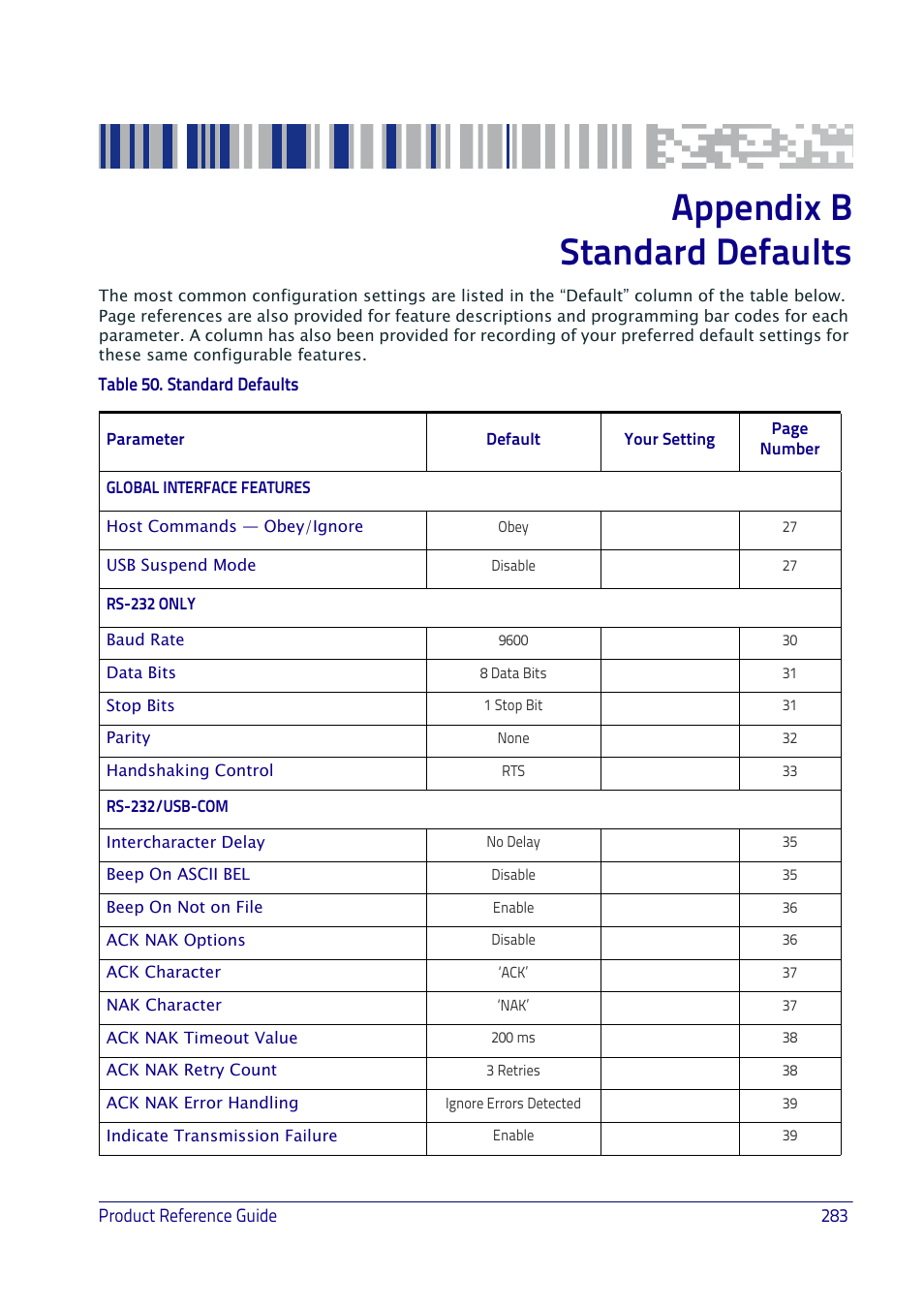 Standard defaults, Appendix b, standard defaults, Appendix b | Appendix b standard defaults | Datalogic QuickScan I QD2400 User Manual | Page 293 / 324