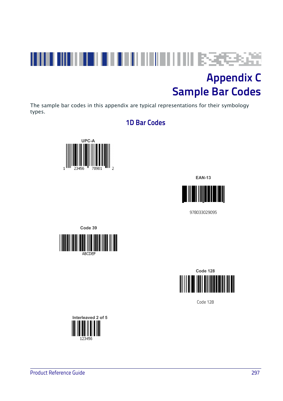 Sample bar codes, Appendix c, sample bar codes, Offers | Appendix c sample bar codes, 1d bar codes | Datalogic QuickScan I QD2400 User Manual | Page 307 / 324