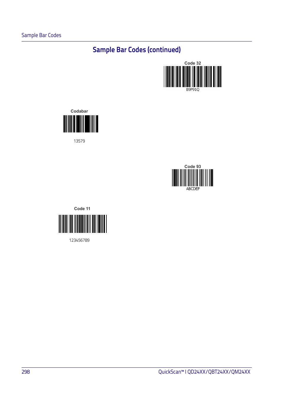 Sample bar codes (continued) | Datalogic QuickScan I QD2400 User Manual | Page 308 / 324