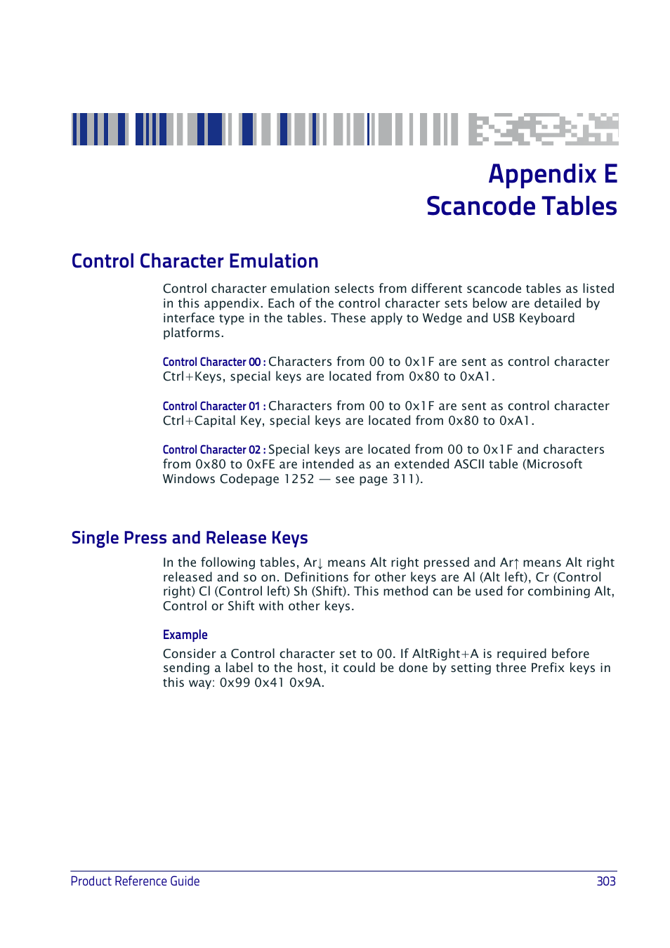 Scancode tables, Control character emulation, Single press and release keys | Appendix e, scancode tables, Appendix e scancode tables | Datalogic QuickScan I QD2400 User Manual | Page 313 / 324