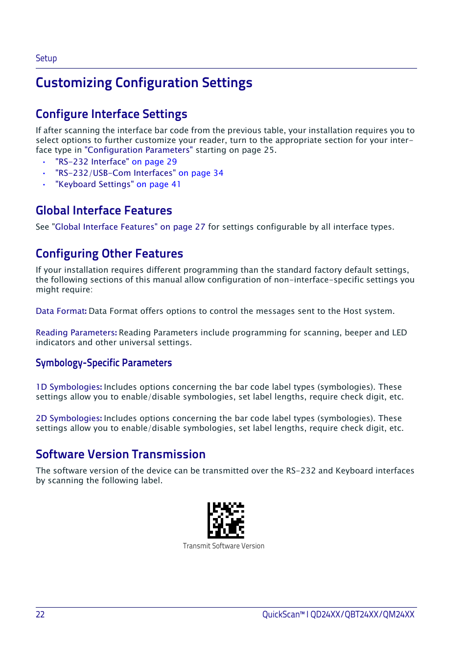 Customizing configuration settings, Configure interface settings, Global interface features | Configuring other features, Software version transmission, Symbology-specific parameters | Datalogic QuickScan I QD2400 User Manual | Page 32 / 324