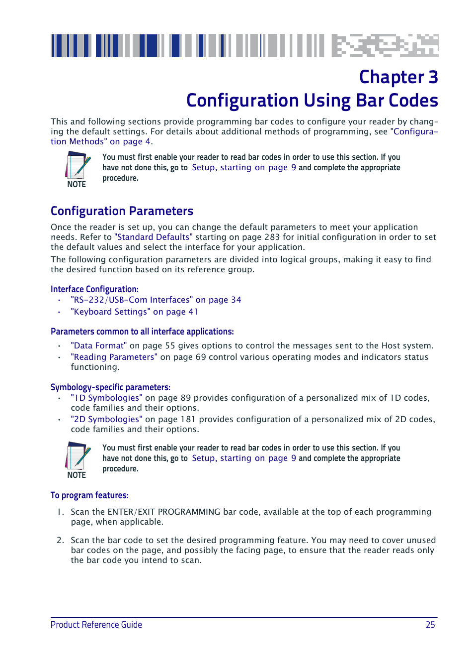 Configuration using bar codes, Configuration parameters, Chapter 3, configuration using bar codes | Configuration param, Eters, Chapter 3 configuration using bar codes | Datalogic QuickScan I QD2400 User Manual | Page 35 / 324