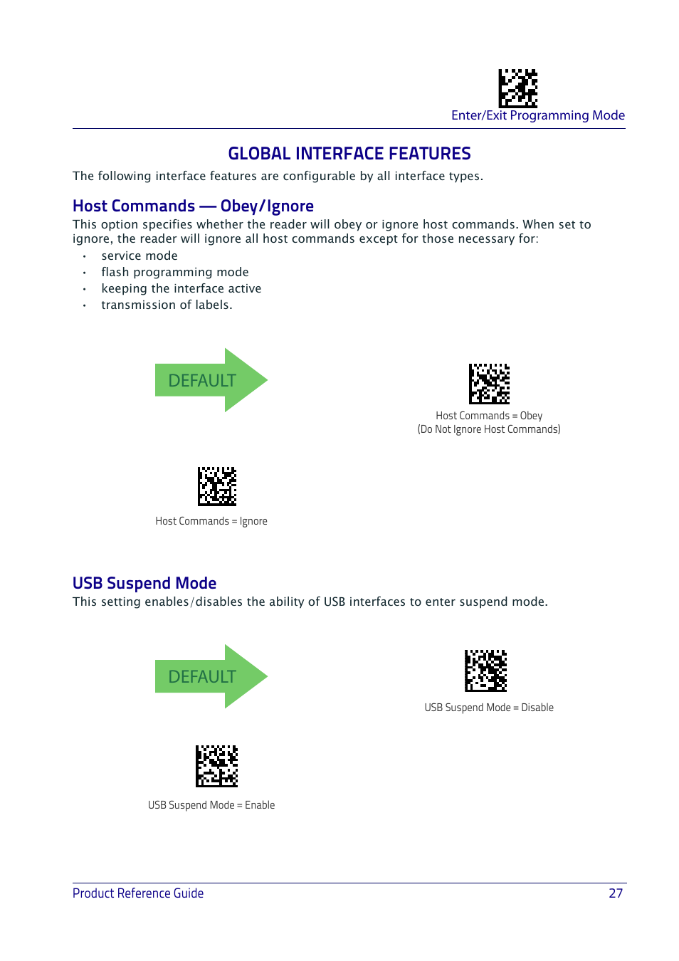 Global interface features, Host commands — obey/ignore, Usb suspend mode | Host commands — obey/ignore usb suspend mode, Default | Datalogic QuickScan I QD2400 User Manual | Page 37 / 324