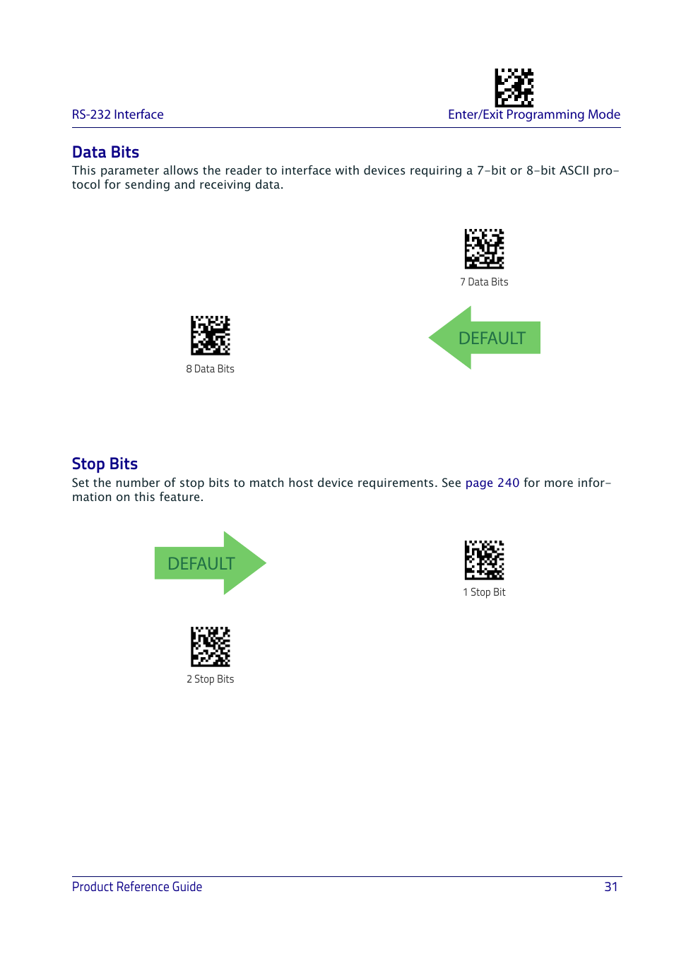 Data bits, Stop bits, Data bits stop bits | Default | Datalogic QuickScan I QD2400 User Manual | Page 41 / 324