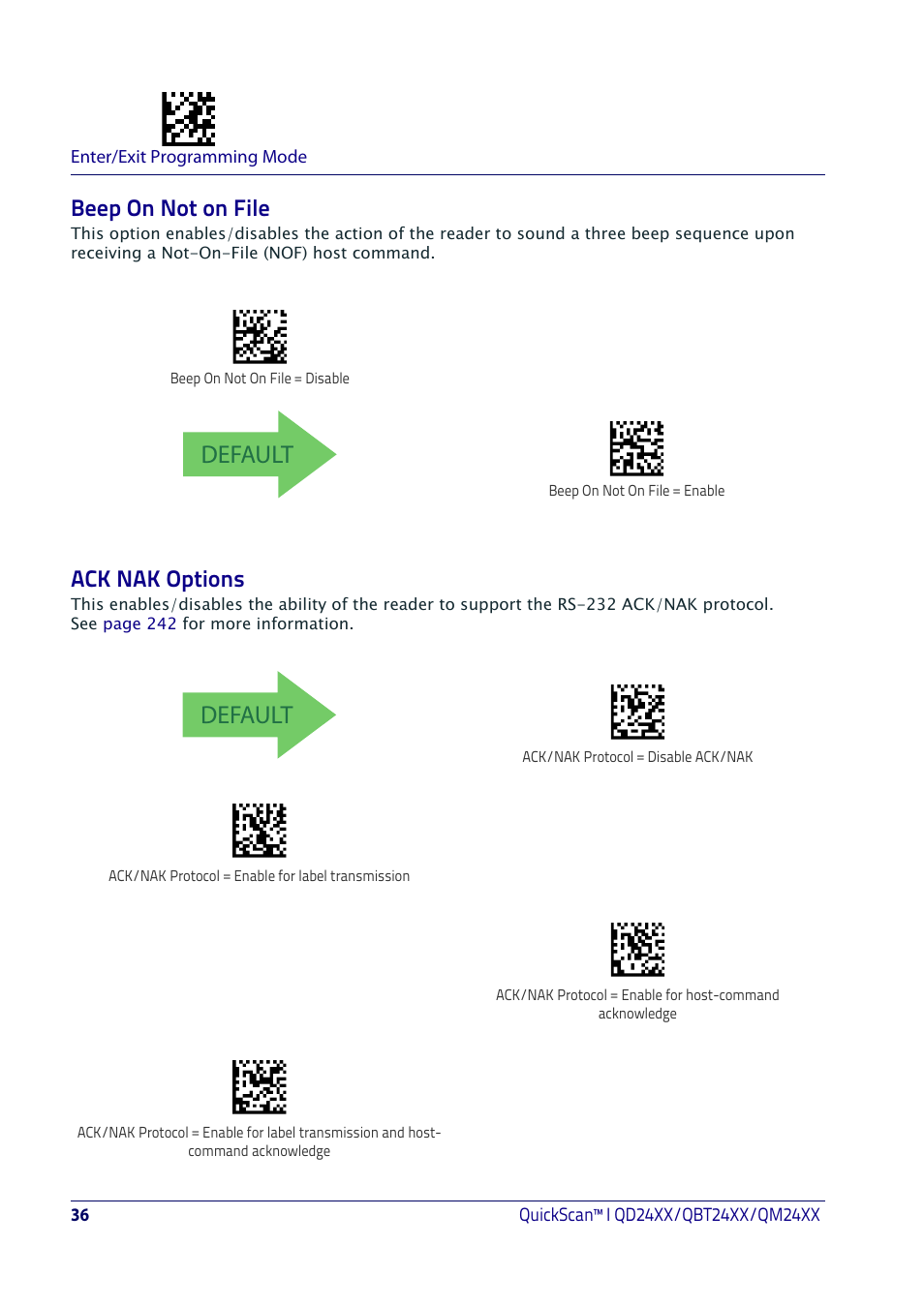 Beep on not on file, Ack nak options, Beep on not on file ack nak options | Ack nak o, Ptions, Default | Datalogic QuickScan I QD2400 User Manual | Page 46 / 324