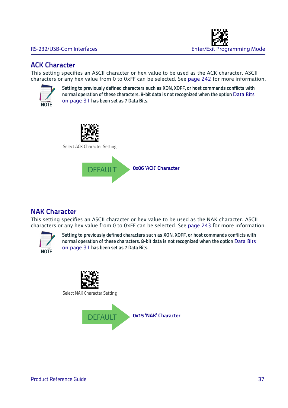 Ack character, Nak character, Ack character nak character | Ack c, Haracter, Nak c, Default | Datalogic QuickScan I QD2400 User Manual | Page 47 / 324