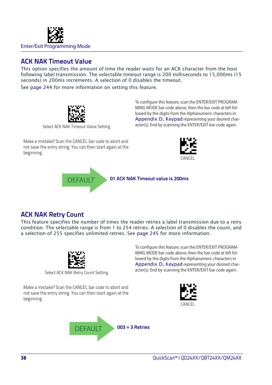 Ack nak timeout value, Ack nak retry count, Ack nak timeout value ack nak retry count | Ack nak t, Imeout, Alue, Ack nak r, Etry, Ount, Default | Datalogic QuickScan I QD2400 User Manual | Page 48 / 324