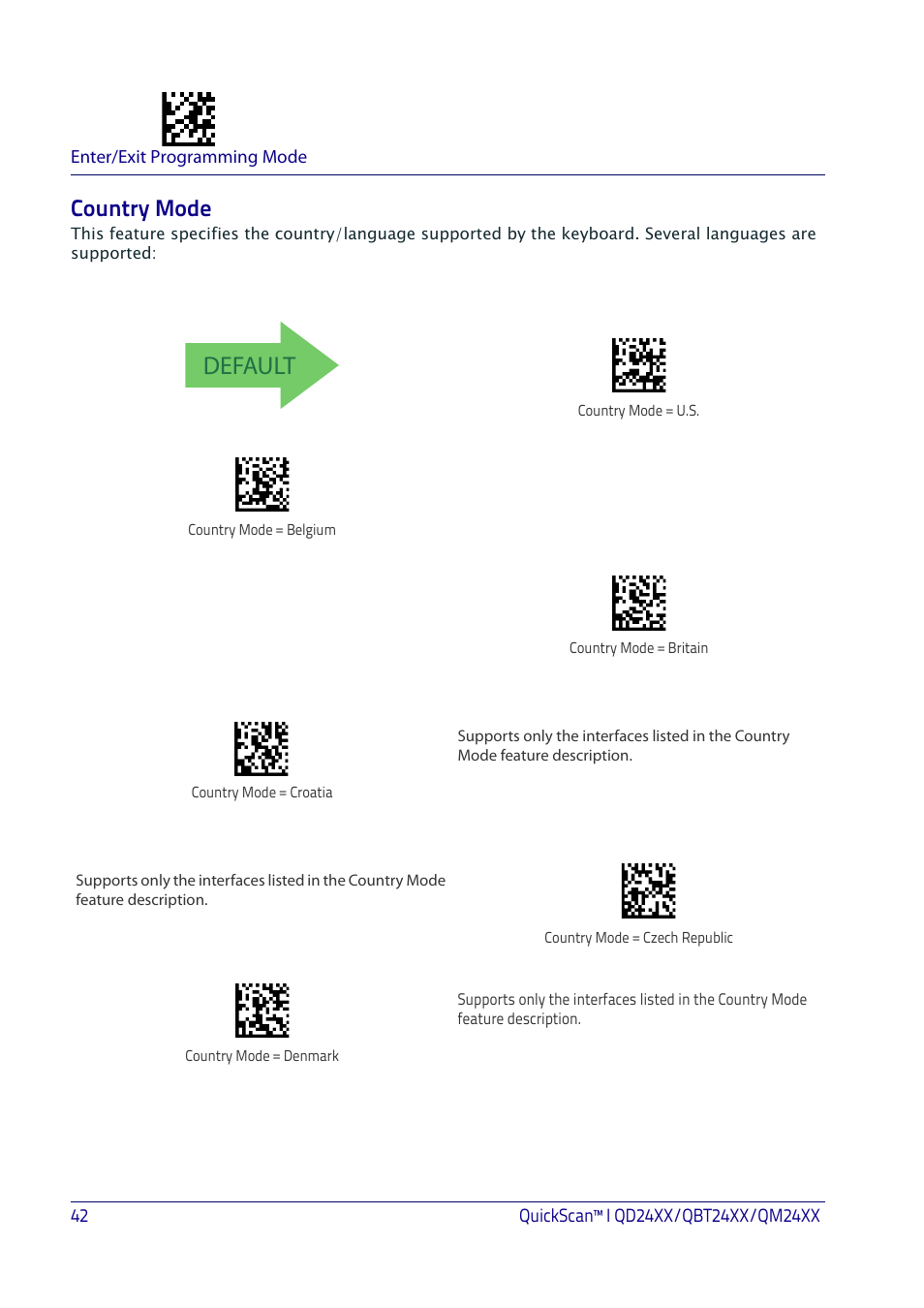 Country mode, Ountry, Default | Datalogic QuickScan I QD2400 User Manual | Page 52 / 324