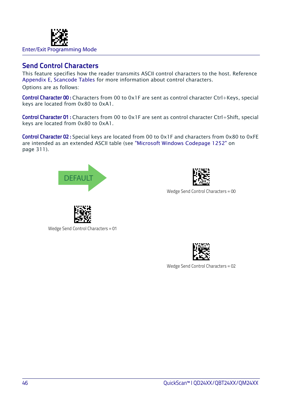 Send control characters, Ontrol, Haracters | Default | Datalogic QuickScan I QD2400 User Manual | Page 56 / 324